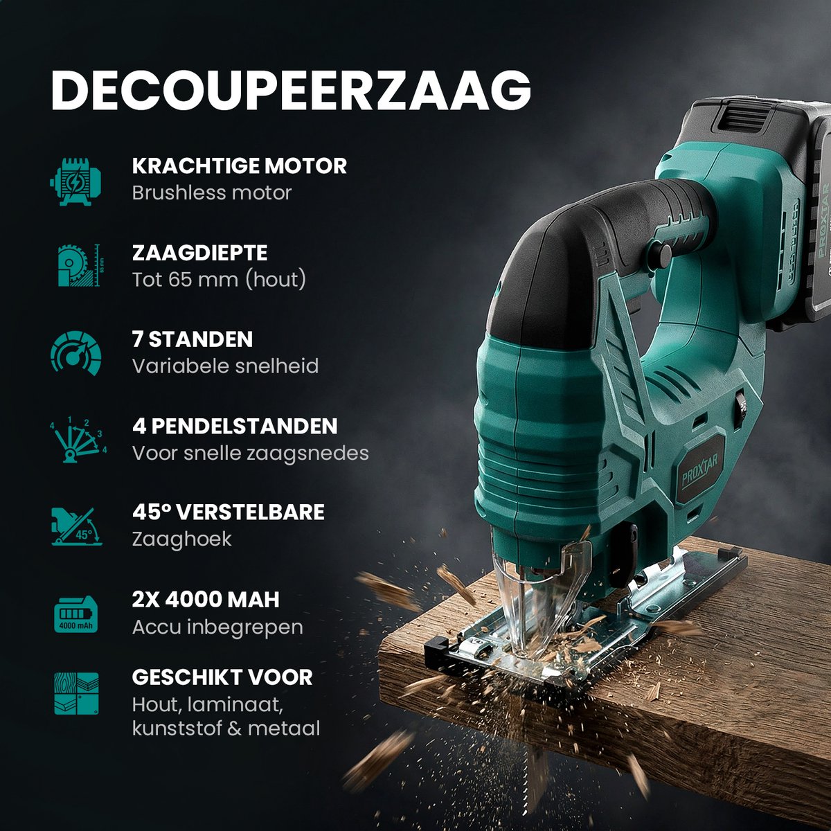 ProXtar Accu Decoupeerzaag: 65mm, 2x 4000 mAh accu thumbnail 2
