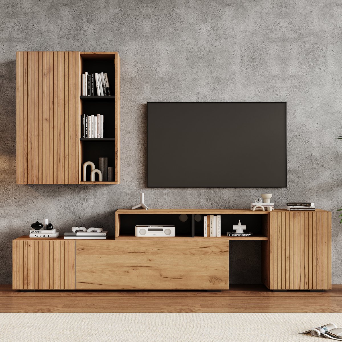 MODFU - Tv-Meubelset Met Wandkast - Verstelbare Lengte En Opbergruimte - Modern - Voor Woonkamer - Spaanplaat - Eikenkleur En Zwart