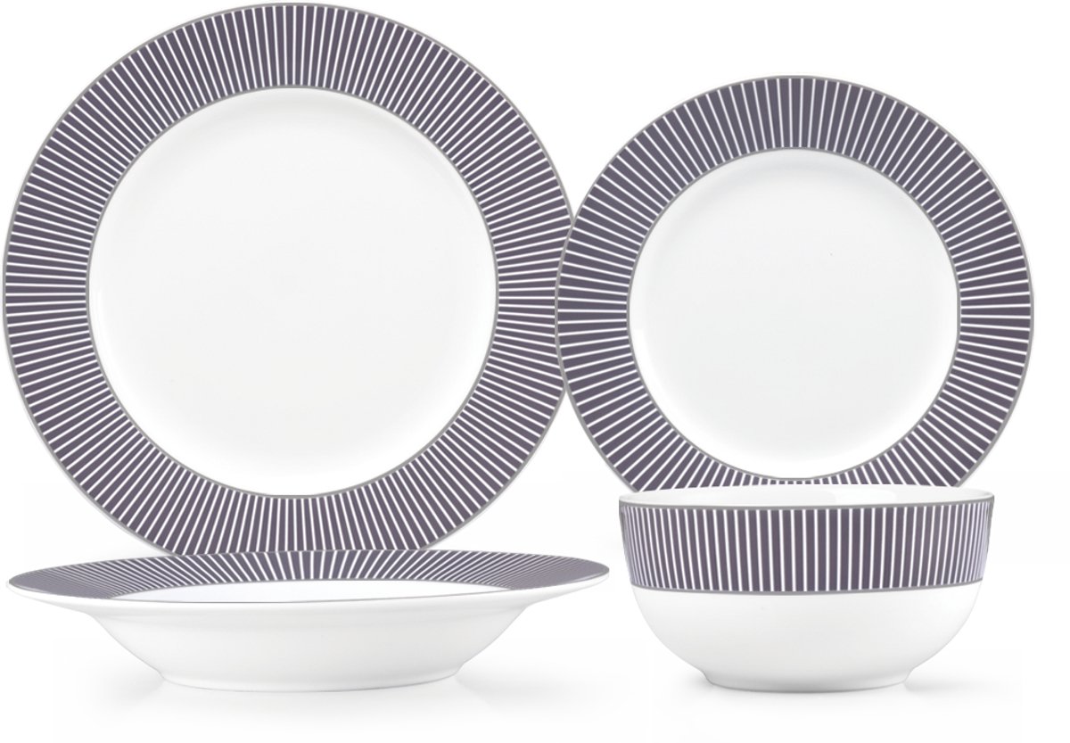 Swiss Haus® DS24T Luxe Serviesset - 24 Delig - 6 Persoons - Porselein - Bordenset – Dinner Platen – Dessertborden - Kommen - Pastabord - Wit / Paars