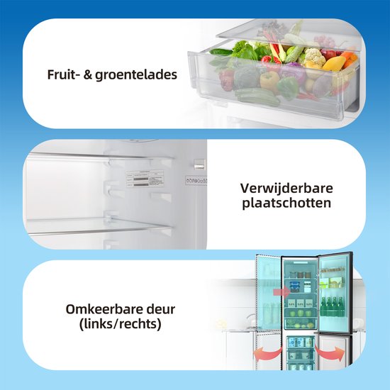 Fruit- & groentelades, verwijderbare schappen en een omkeerbare deur (links/rechts).
