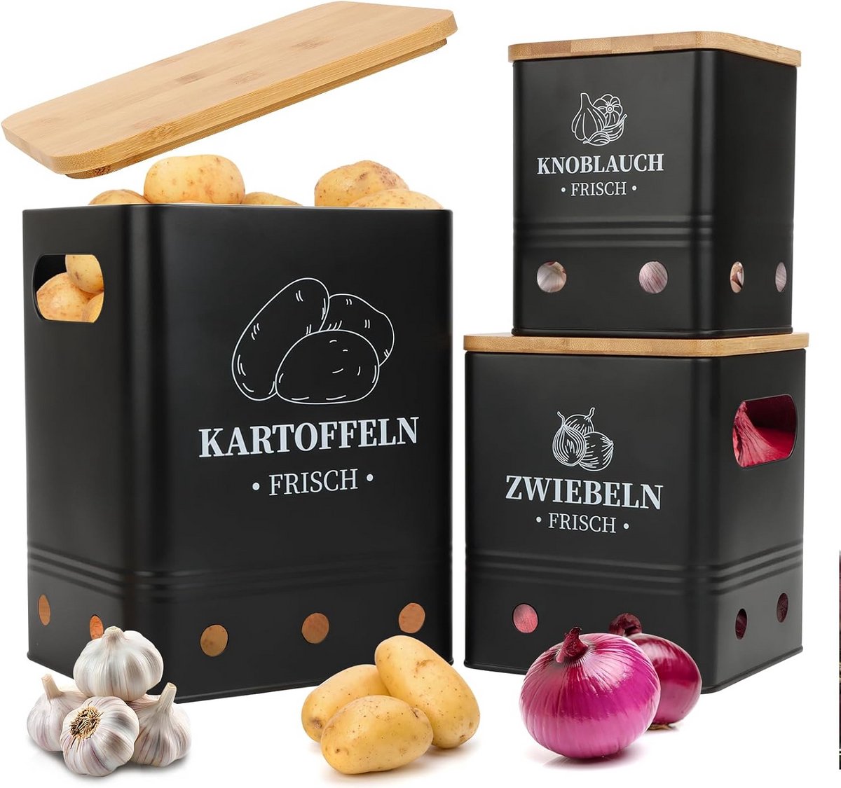 Set van 3 Aardappelcontainers - Zwarte Opslag voor Aardappelen