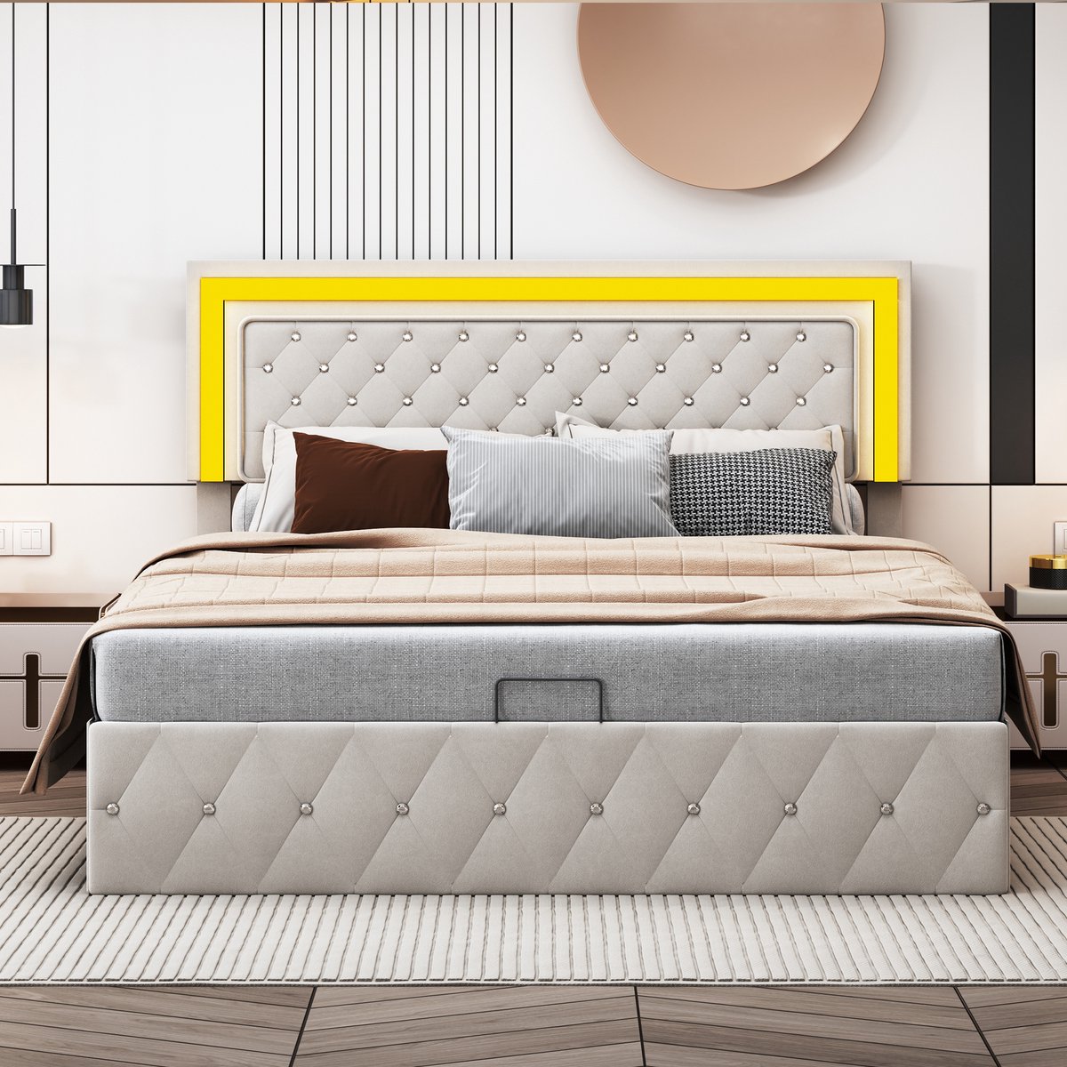 Solvenrik Velvet Opbergbed 140x200 met LED Hoofdbord – Gestoffeerd Tweepersoonsbed – Beige