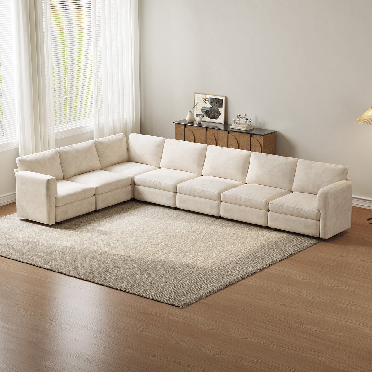 Guyii Nordic Comfort Hoekbank L-Vorm 7-Zits – Crème Stoffen Bank – Versterkt Houten Frame – Grote Hoekbank 248×397 cm