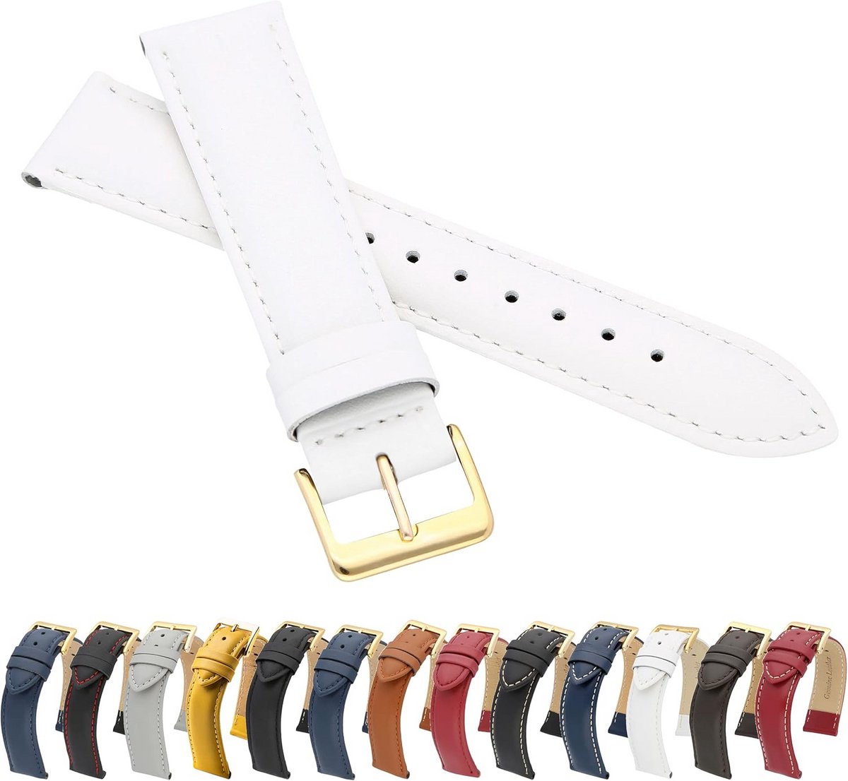 Leren Horlogeband Glad Echt Rundleer 19 mm Wit met Gouden Gesp