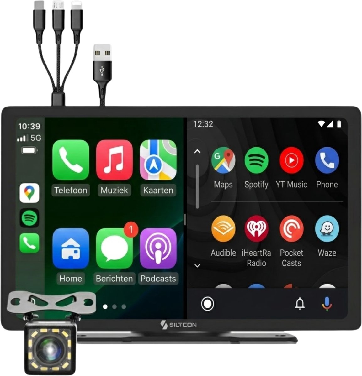 Siltcon® Geschikt voor Carplay Scherm 9 Inch - Geschikt voor Android Auto Scherm - Geschikt voor Apple Carplay - Navigatiesysteem Auto - HD Achteruitrijcamera - Touchscreen - AUX - FM - BT - Universeel - Incl. Oplaadkabels Telefoon - Zwart