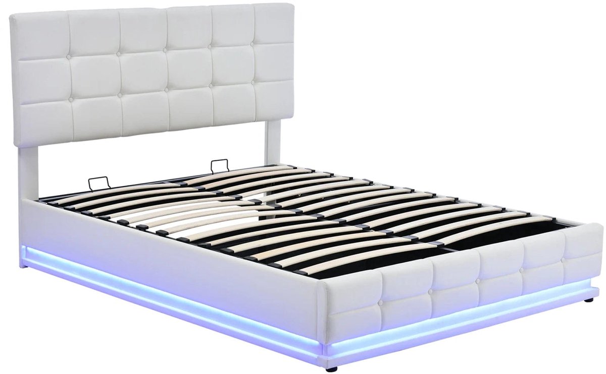 Gestoffeerd Bed – Kunstleren Bed – Opbergbed – Led Bed – Bed Met USB – Wit – 140x200 cm – Hydraulische Opbergruimte – Geïntegreerde LED-Verlichting