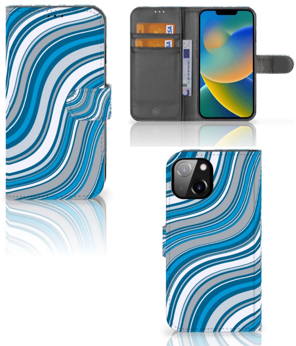 Boekhoesje voor Apple iPhone 14 Telefoon Hoesje Waves Blue