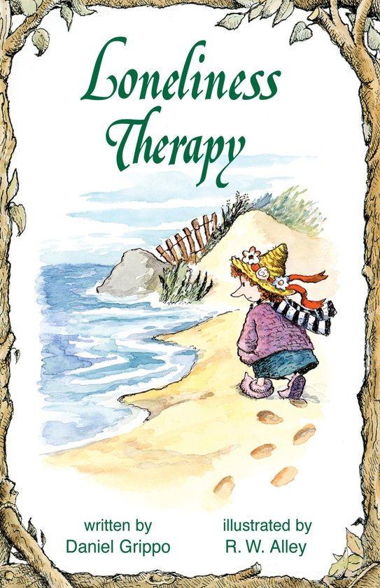 Boekomslag Loneliness Therapy met een illustratie van een figuur in een strooien hoed die langs een strand wandelt.