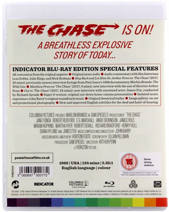 Achterkant van de Blu-ray hoes van 'The Chase' met filmtitel, synopsis en technische specificaties.