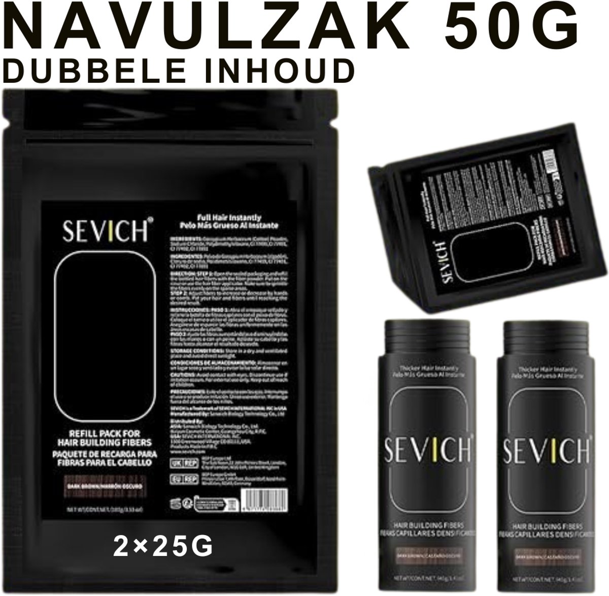 SEVICH Haarpoeder MIDDENBRUIN Navulzak 50g – Premium Hair Building Fibers – Keratine Haarvezels – Haarverdikker – Volume Poeder – Hair Fiber – Camoufleert Kale en Dunne Plekken – Uitgroei & Haaruitval – Universele Refill – Dubbele Inhoud