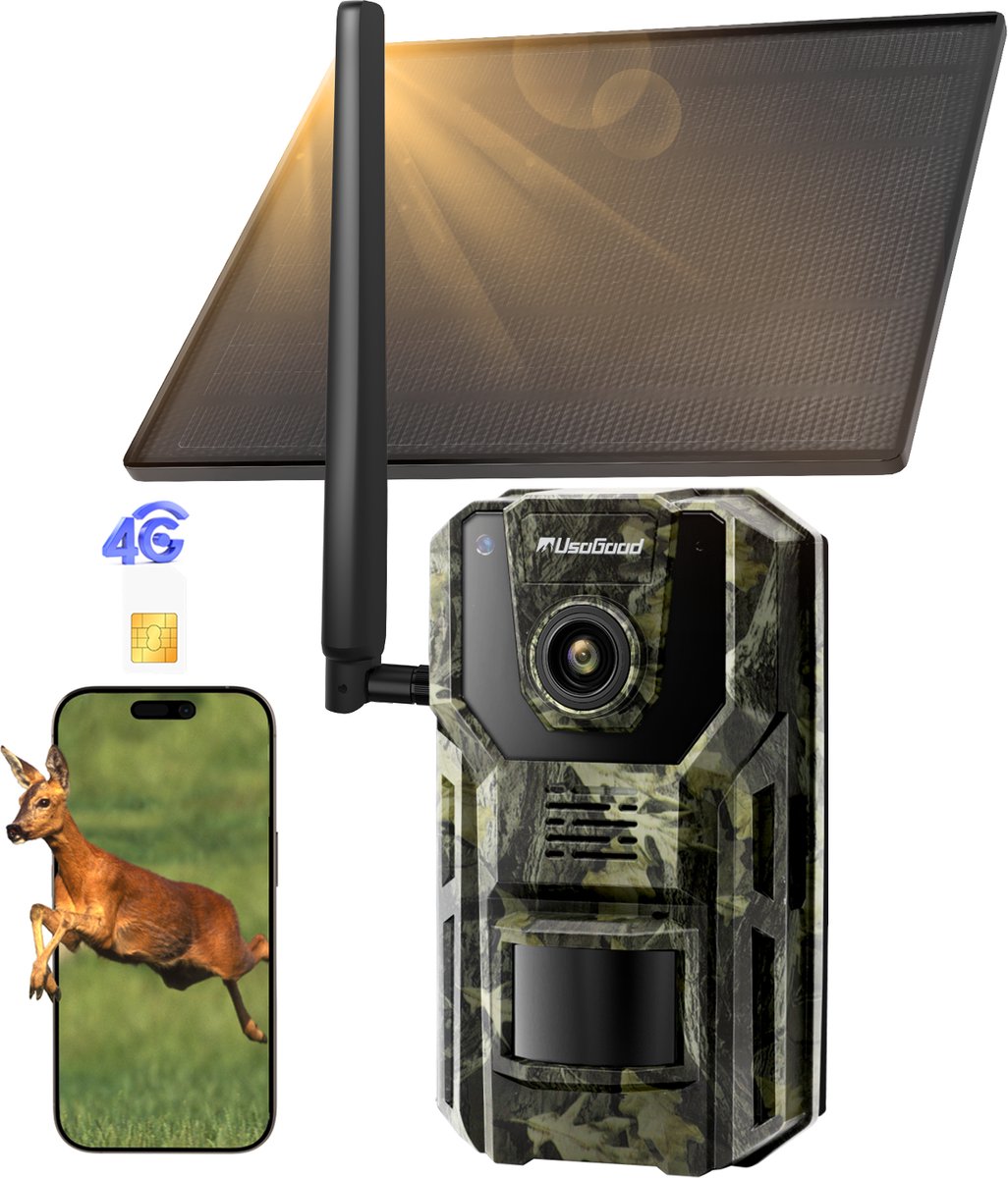 Usogood 4G Wildcamera met Zonnepaneel - Oplaadbaar - voor Buiten met Nachtzicht - 2K Ultra HD - Incl. SIM Card - App