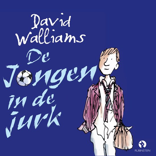 Boekomslag met blauwe achtergrond. Tekst: "David Walliams De Jongen in de jurk". Een jongen met blond haar en een bruine jas staat ernaast.
