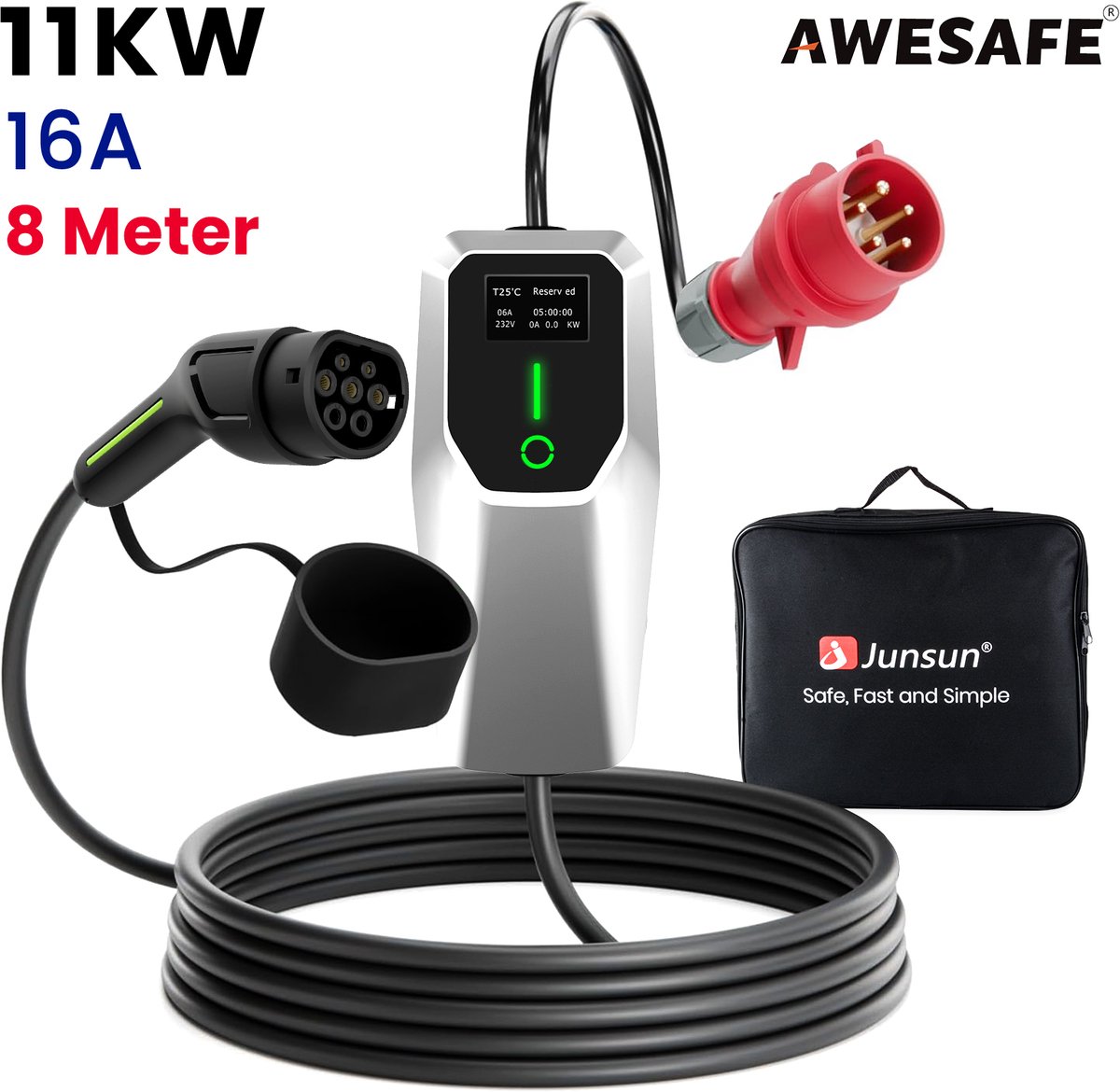 Awesafe Laadkabels - 8m Kabel EV Lader Type 2 Laadpaal - 3 Fase - 11kW 16A - 6A/8A/10A/13A/16A Schakelbaar - Met handtas - Wit