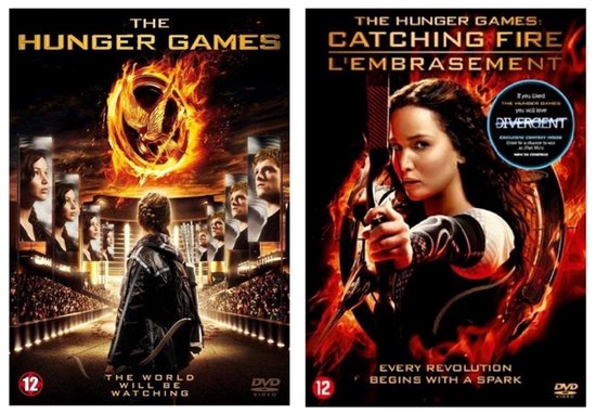 De Hunger Games DVD cover met vlammen en het logo. Op de voorkant staan de personages. The Hunger Games DVD cover met Jennifer Lawrence als Katniss Everdeen met boog en pijl.