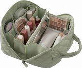 Platte make-uptas organizer voor dames, grote reistas voor toiletartikelen, wijd openstaande cosmetische tas, opvouwbare make-uptas met vakken, waterdichte etui voor toiletartikelen en kwasten (groen)