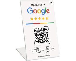 NFC Google Review Balie bord – Direct Reviews via Tap & QR Scan – Meer Klanten Verzamelen – Wit – Voor Bedrijven • Restaurants • Cafés • Winkels