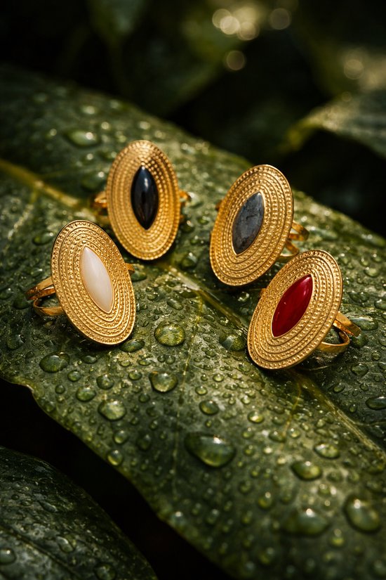 Vier gouden ovale ringen met zwarte, grijze, witte en rode stenen op een nat groen blad.