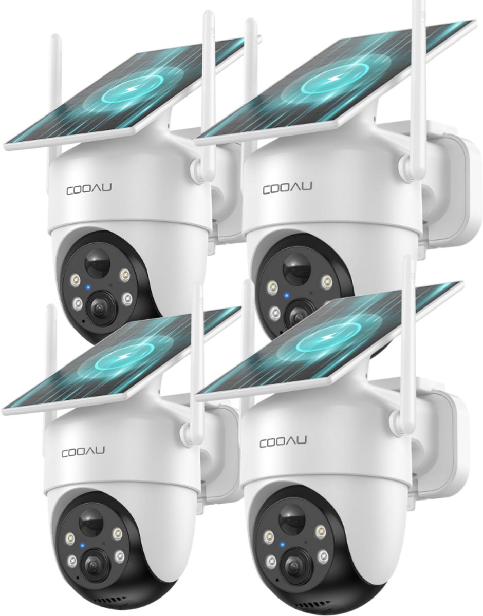 COOAU C5 Beveiligingscamera - Draadloze 2K Beveiligingscamera voor buiten - 360° Gekking - Geïntegreerd zonnepaneel - kleuren-Nachtzicht - Alexa - 4 Stuks