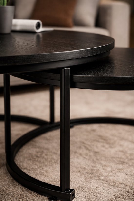 Ensemble de tables basses CASAMODA – ø 58/ 75 cm – Hauteur 36/45 cm – Table d’appoint ronde – Table basse industrielle – Table en bois – Set de 2 – Zwart