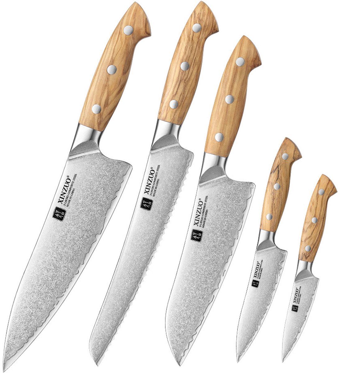 XinZuo X02O Pin Series Messenset 5-delig – Olijfhouten Handvaten – 3-Laags Composietstaal met Stonewash Afwerking