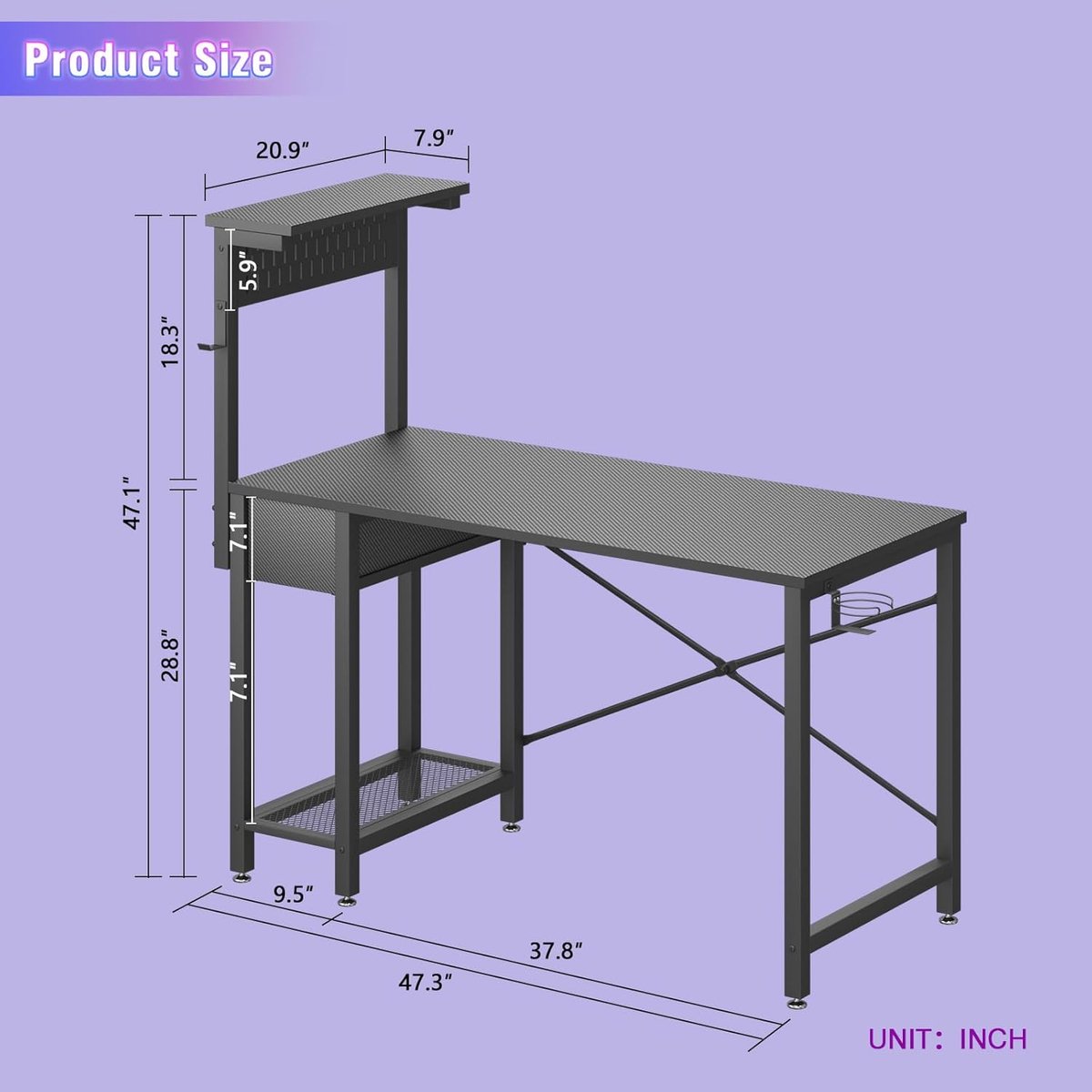 Omkeerbaar Gamingbureau met Pegboard - 47 inch Computerbureau met Houten Lade en CPU-Stand, Perfect voor PC en Laptop — cadeau in Cadeau-ideeën - foto 4