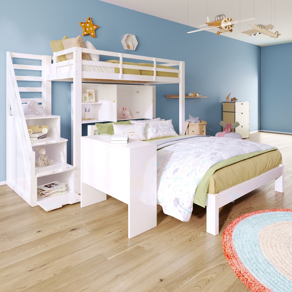 FloraGrace Stapelbed 90x200cm + 140x200cm - Met Opbergtrap en Kast - Zonder Matras - Massief Hout en MDF - Wit