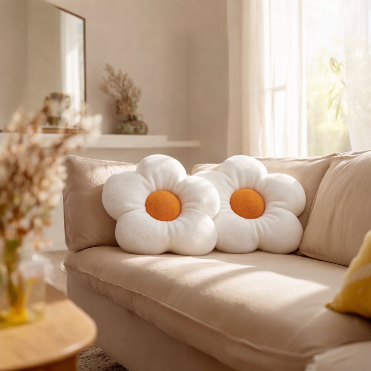 HOMEMIYN Bloem Sierkussen – Zonnebloem Decoratief Kussen – Set van 2 – 40x40 cm – Zacht Pluche Kussen voor Bank en Slaapkamer – Wit