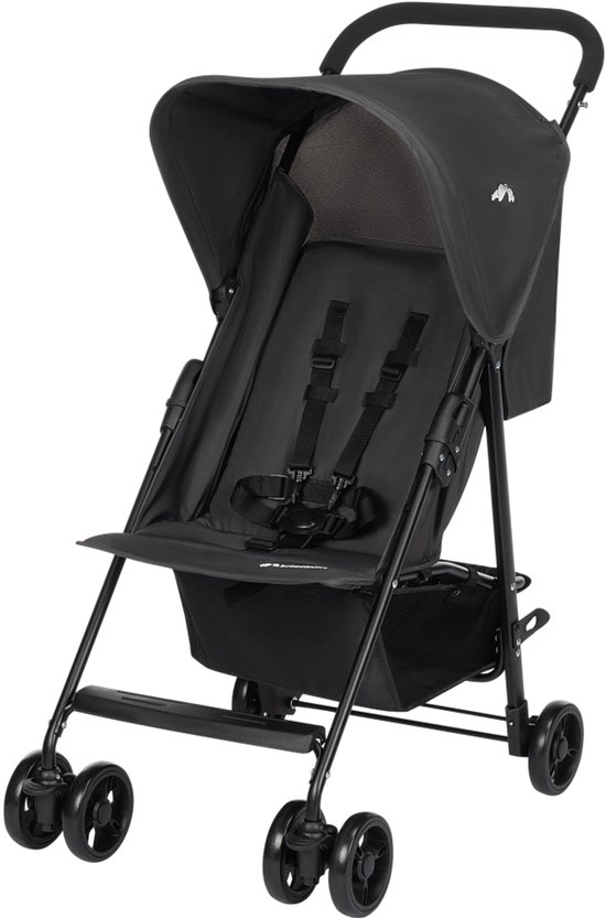 Zwarte buggy met kap, zitting, veiligheidsharnas en mandje, gezien vanaf de voorkant-links.