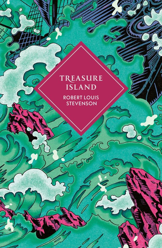 Livre 'Treasure Island' de Robert Louis Stevenson, avec une couverture vibrante de vagues, rochers roses et écume.