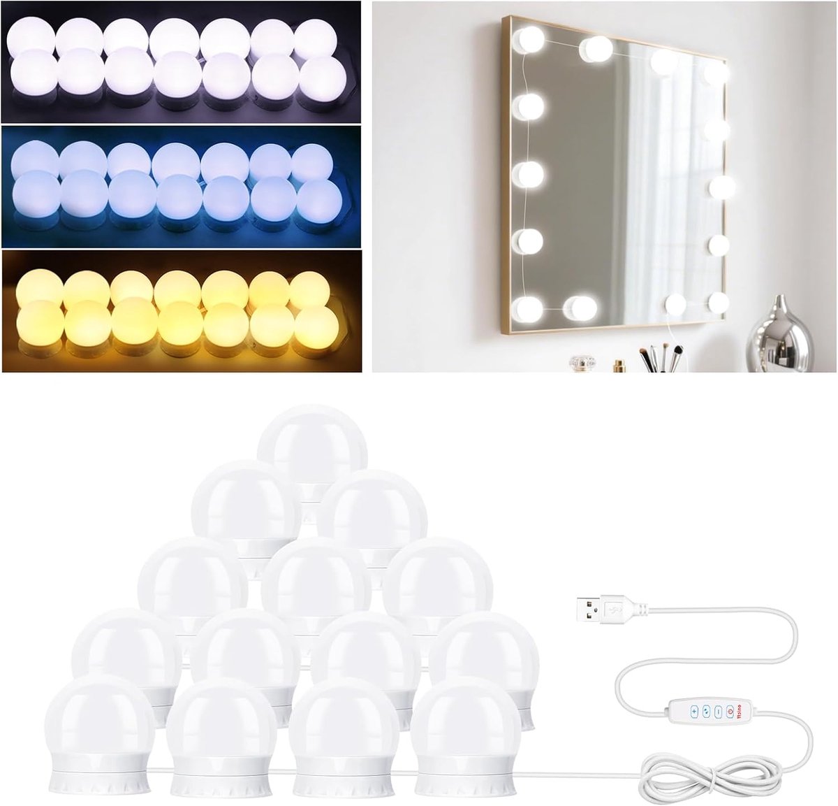 LED Spiegellamp met 14 Lichten en 3 Kleuren voor Perfecte Make-upverlichting