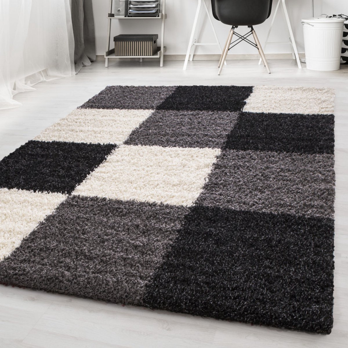 Basic Shaggy Geblokt vloerkleed Zwart / Wit Hoogpolig- 200x290 CM