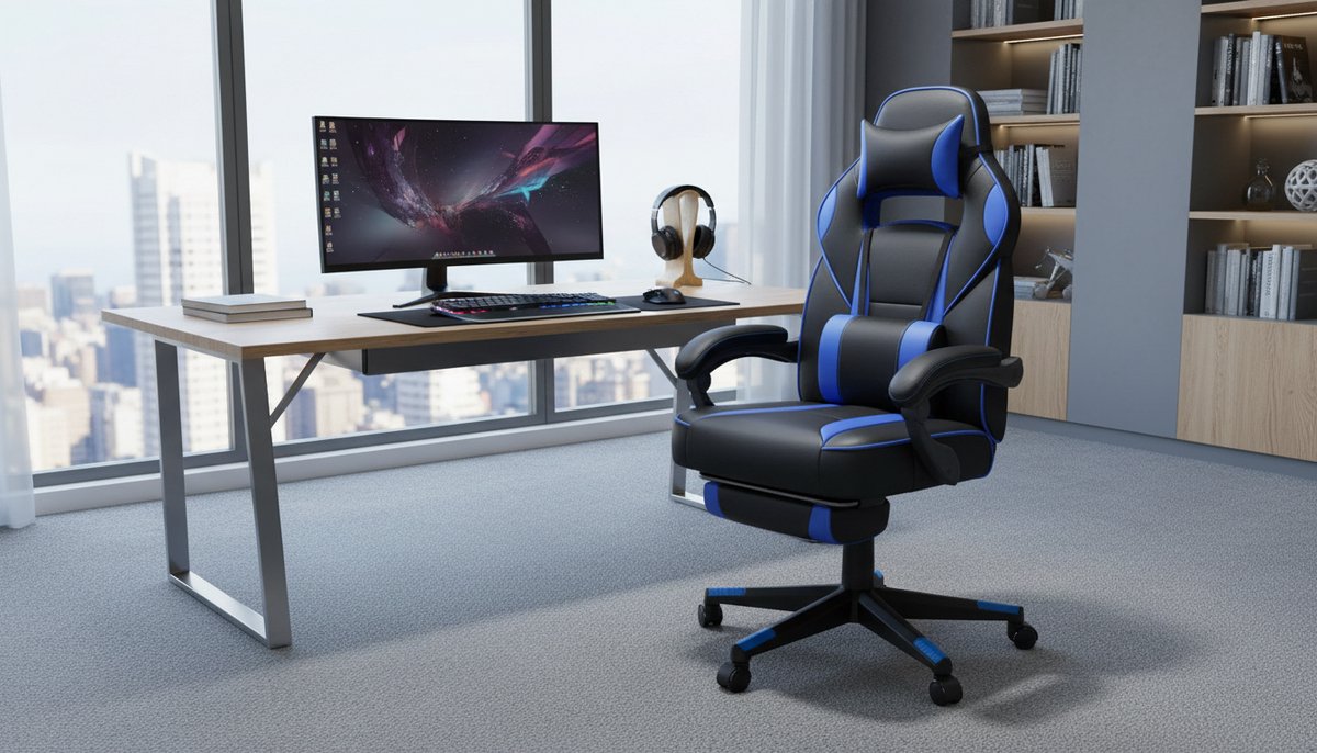 Bureaustoel Casa Velluto ErgoRelax Pro – Ergonomische Bureaustoel met Voetensteun, Verstelbare Rugleuning 90–135°, Hoofdsteun & Lendensteun, Hoogte Verstelbare Gaming/PC Stoel, 360° Draaibare Kantoorstoel tot 150 kg – Inkt zwart + hemelsblauw