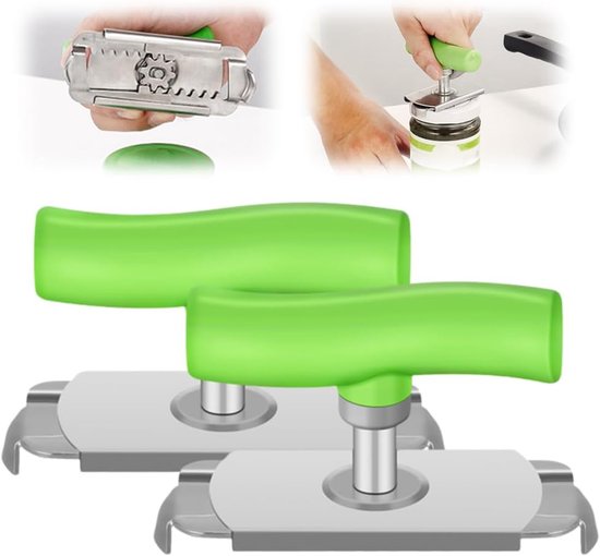 Twee groene potopeners met zilverkleurige metalen onderdelen. Links boven: detail van tandwielmechanisme.