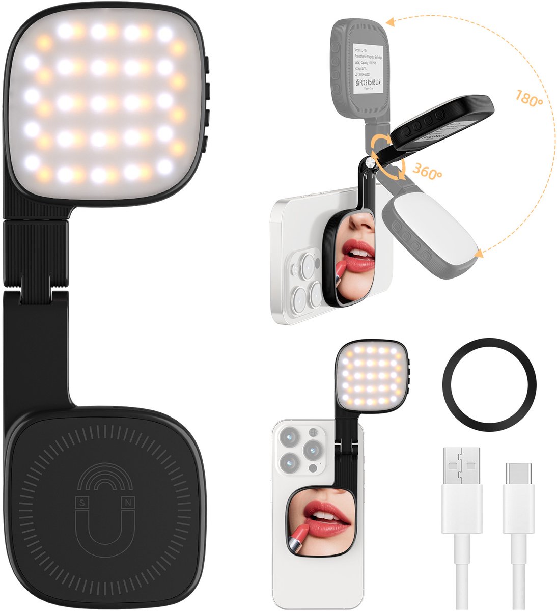 Draagbare selfielamp met spiegel, 360° magnetische bevestiging, 1000mAh oplaadbare batterij, 48 LED-lampjes, 3 standen, 10 helderheidsniveaus, geschikt voor mobiele telefoons, make-up, livestreaming, zwart.