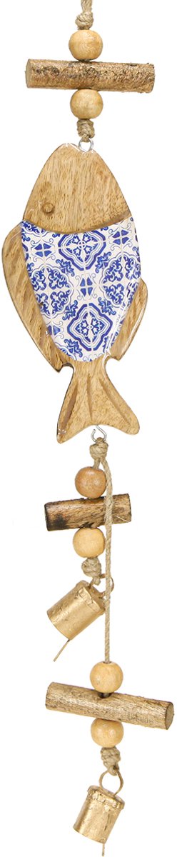 Houten vis om op te hangen bel natuurlijk blauw wit H46cm