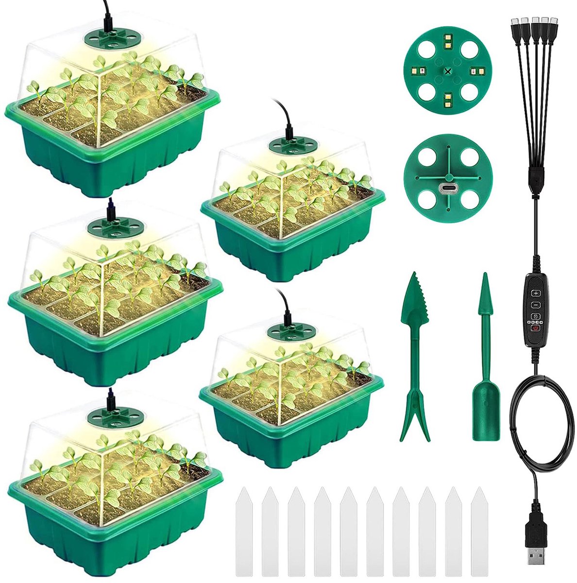 MUPOO Kweekbak met Groeilamp & Timer voor Binnen - Timer & Dimbaar -Hoog Deksel -Kweekset met Deksel (0.8mm) -Voor Moestuin, Kruiden & Binnenkweken -5 pack