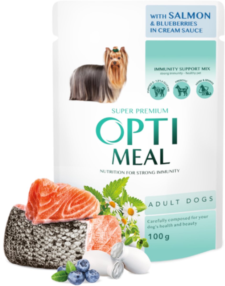 Kormotech Optimeal Compleet Natvoer voor Volwassen Honden met Zalm en Blauwe Bessen in Romige Saus – Super Premium Hondendieet voor Gezonde Huid, Glanzende Vacht en Sterke Immuniteit