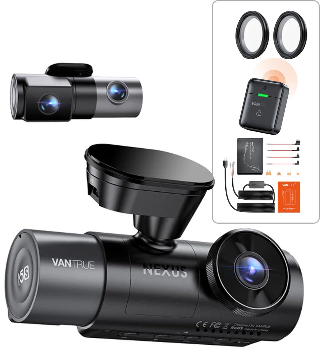 Vantrue N5S 4-Kanaals 360 Graden WiFi Dashcam, STARVIS 2, IR Nachtzicht, 2.7K+1080P*2+1440P Voorste/Achterste Binnencamera, Spraakbediening, GPS, 24 Uur Parkeerstand【Gratis bij aankoop: 40mm CPL-filter*2 + VP03 Hardwire Kit + Afstandsbediening】