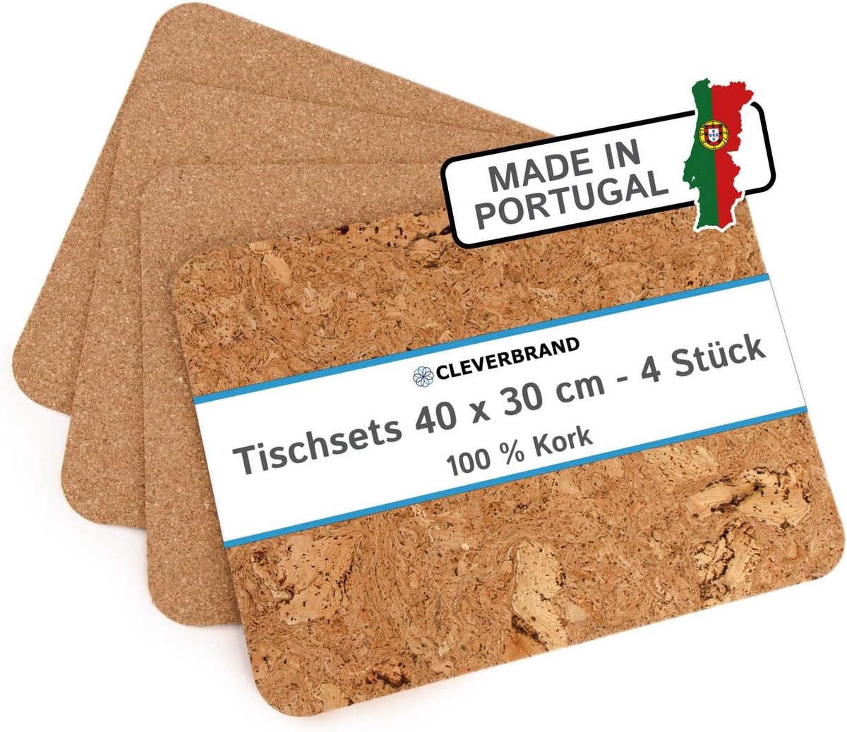 Set van 4 Rechthoekige Placemats van Kurk, Hittebestendig en Afwasbaar