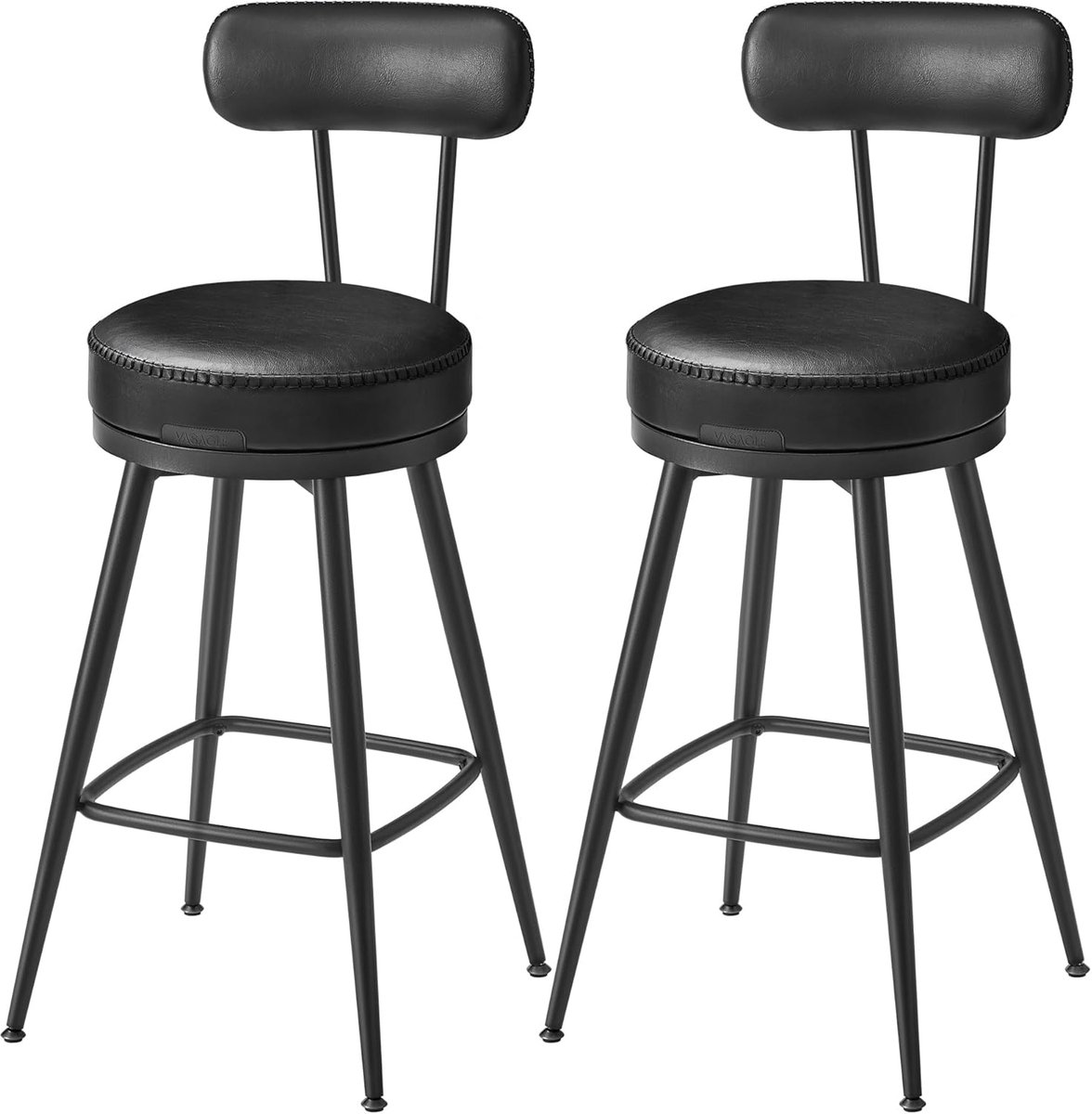 Vasagle Furnstar - Barkruk set van 4 - 360° draaibare barkruk - Kruk met rugleuning voor keukeneiland - Kunstleer met naden - Mid-Century moderne stijl - 65 cm hoog - Keuken huisbar - Inktzwart