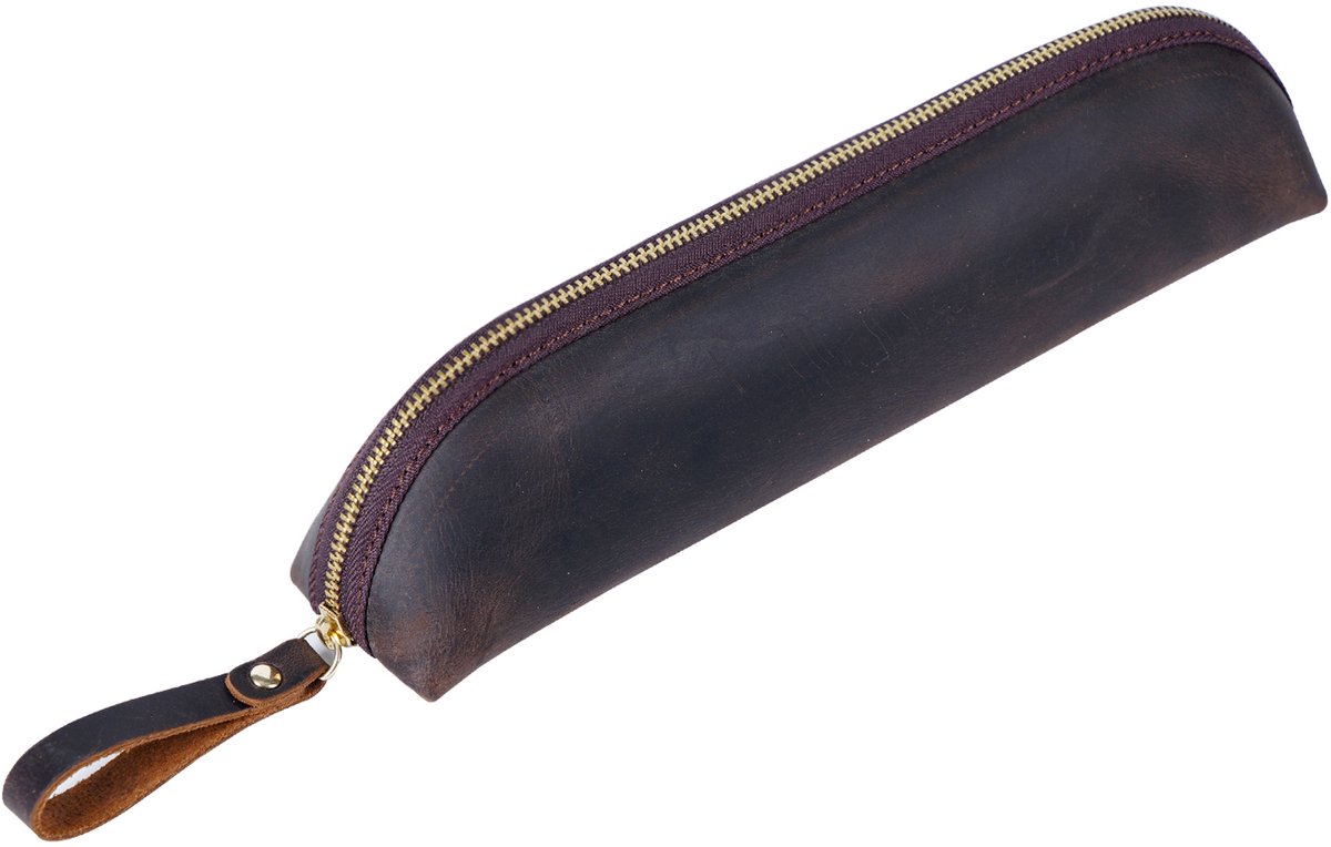 Pen Etui, Leer, Pennenzak Volwassenen, Geschikt voor minimum 25 Pennen - Donker Bruin