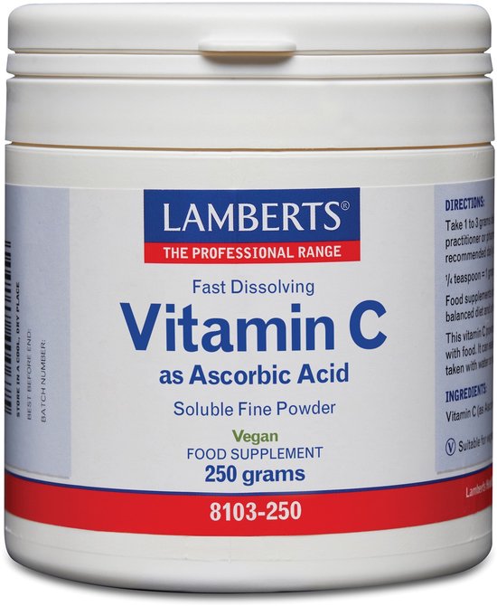 Lamberts Vitamine C poeder 250 gram, een witte pot met blauw en rood etiket.