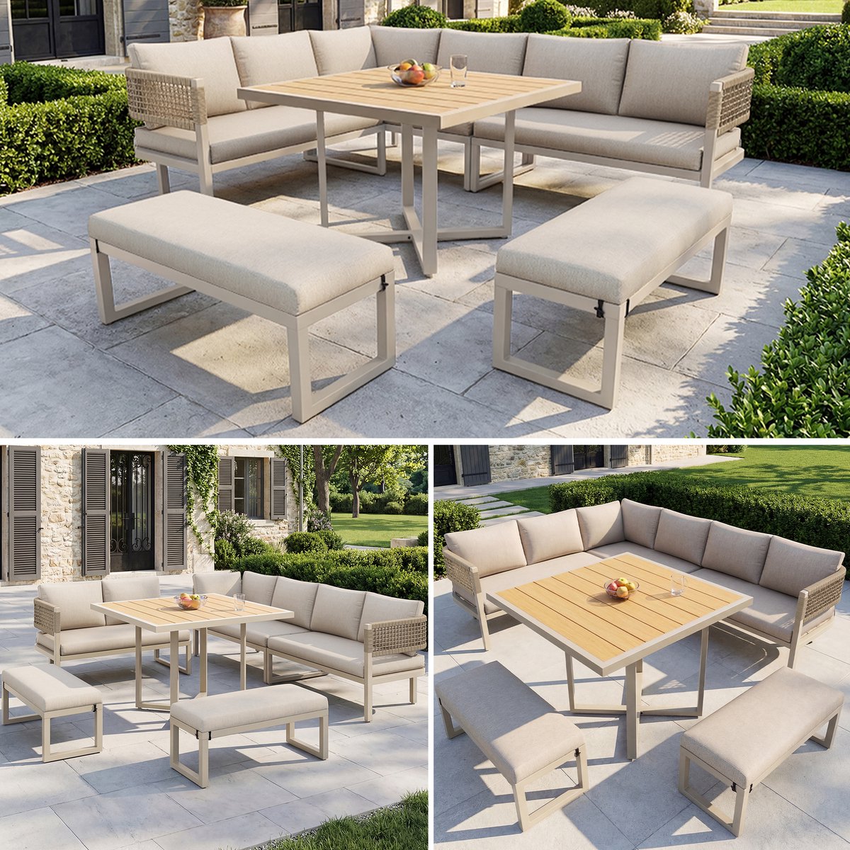 Tuinlounge set voor 8-10 personen - met bank en tafel - touwambacht - verstelbare tafelpoten - inclusief alle zit- en rugkussens
