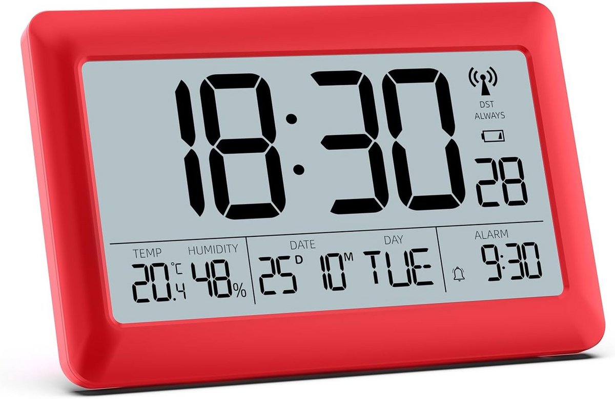 Digitale wandklok met 19,9 cm LCD-display, tafelklok met radiogolven en DST-functie, bureauklok met kalender, temperatuur en achtergrondverlichting