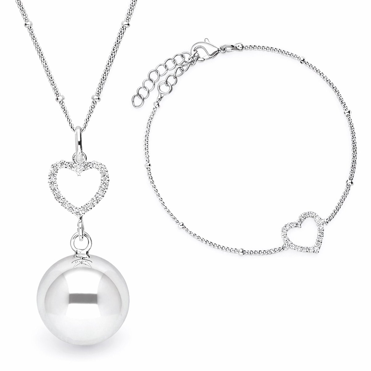 Bola Set Zwangerschapshanger Incl. Ketting en Armband - Crystal Heart - Zilver
