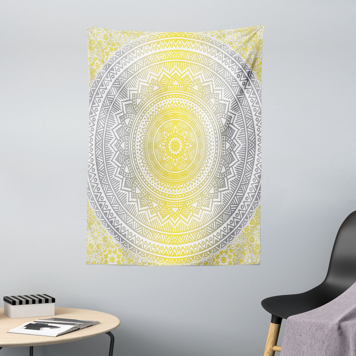 ABAKUHAUS Mandala Wandtapijt, Lichtgekleurd Ombré, 110 x 150 cm, Grijs