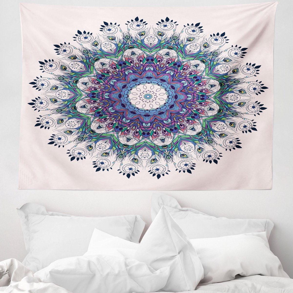 ABAKUHAUS Mandala Wandtapijt en Sprei, Kleurrijke Kunst Pauw, 150 x 110 cm, Multicolor Turquoisepaars