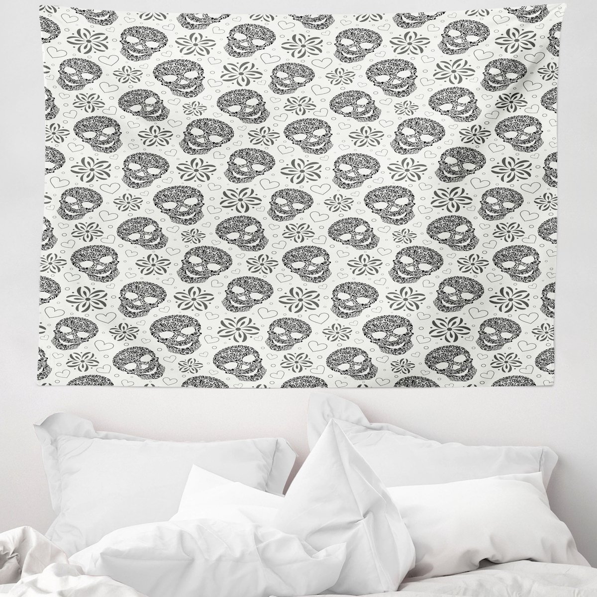 ABAKUHAUS Wandtapijt en Sprei met Schedelmotief, Abstracte Schedels, 150 x 110 cm, Wit en Zwart