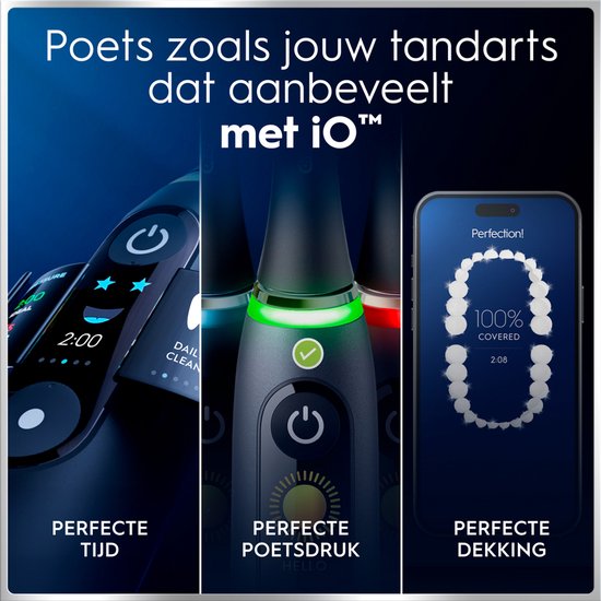 Scherm van Oral-B iO tandenborstel toont timer, poetsdruk en dekking. Close-up van de tandenborstel.