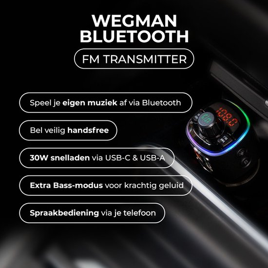 Wegman Bluetooth FM transmitter met 30W snelladen, extra bass-modus en spraakbediening.